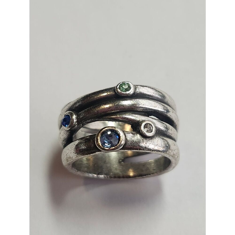 Sterling Silver Blue Green CZ Modernist Wide Band Ring Layered Open Work Sz 7.5